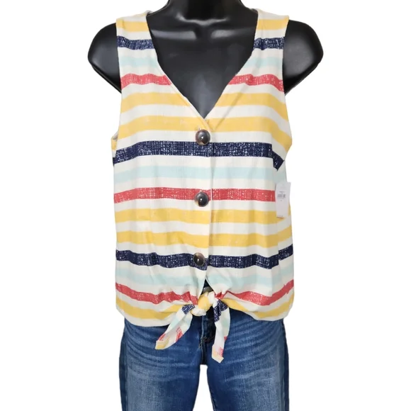 Old Navy Striped Tie-Front Button Tank Top - Picture 3 of 11